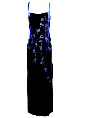 Zum Zum by Niki Livas Royal Blue Velvet Slip Dress with Embroidered Floral Vines